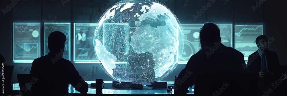 Poster a futuristic scene showing individuals observing a glowing, holographic globe, surrounded by digital