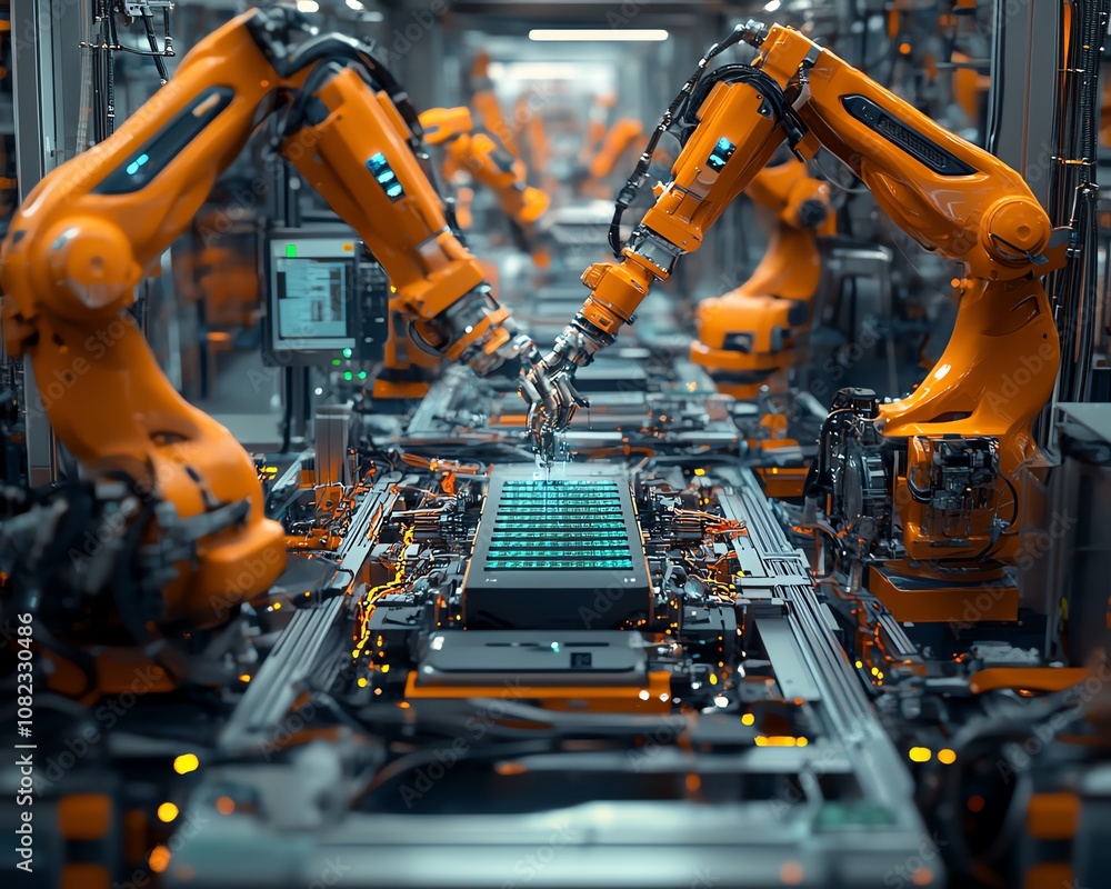 Poster futuristic automated factory with robotic arms assembling lithiumion battery packs for electric vehi