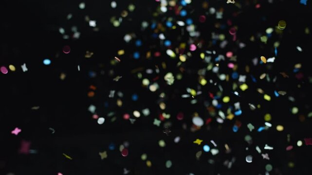 Colorful and multiform glitter confetti explosion on a black background, studio shot. Moment of happiness and festivity concept.