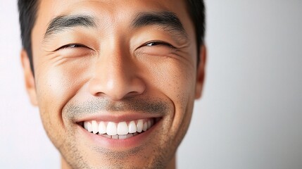 Fototapeta premium Closeup Portrait of a Happy Asian Man Smiling Happily with Joyful Expression Isolated Against a Simple Background Highlighting His Features and Emotions