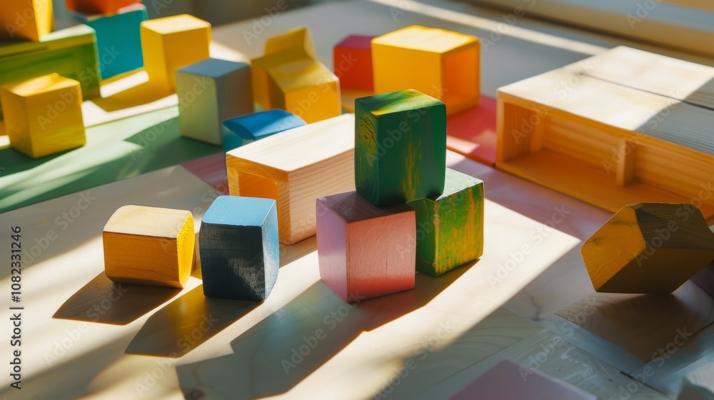 Poster a meticulous block-building competition in a sunlit studio, vibrant blocks arranged for creativity, 