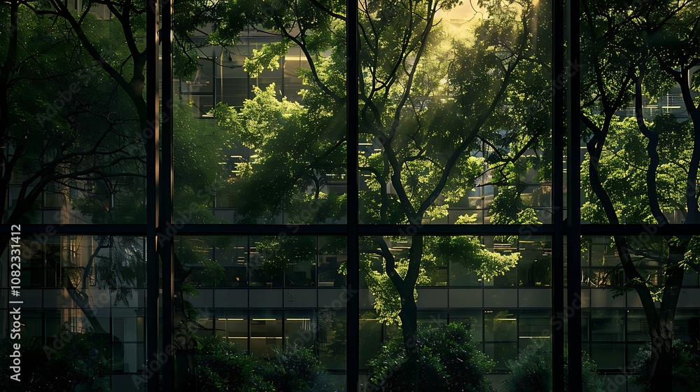 Poster a serene view of lush trees outside a glass window, illuminated by soft sunlight, creating a tranqui