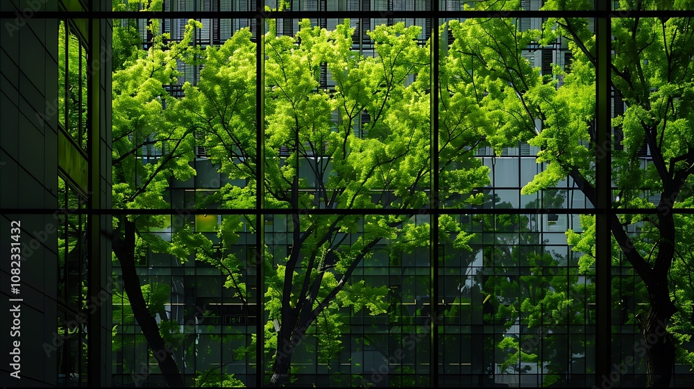 Poster lush green trees are framed by a glass structure, creating a serene and vibrant contrast between nat