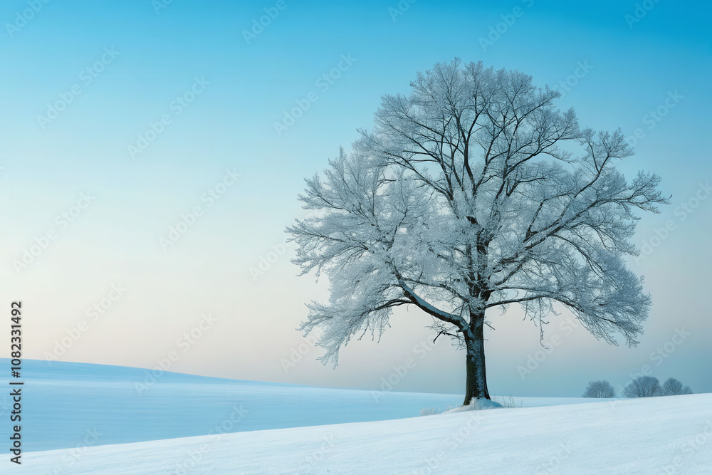 Poster a winter landscape with a large tree in the foreground and two smaller trees in the background. the 