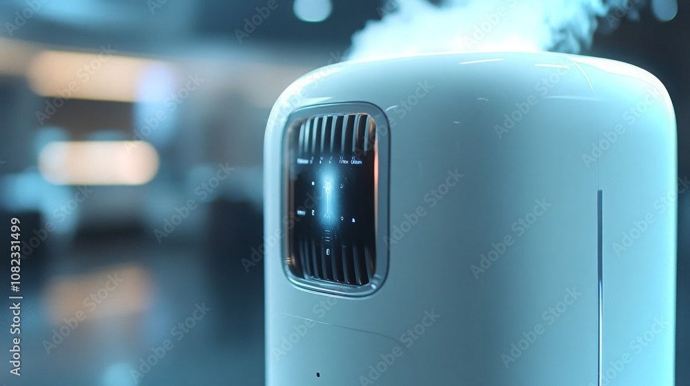 Poster a futuristic android using advanced fragrance technology in a modern urban setting