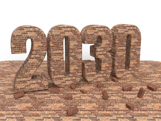 Brick New year inscription 2030 on stone floor. Christmas post idea for building company. 3d rendering