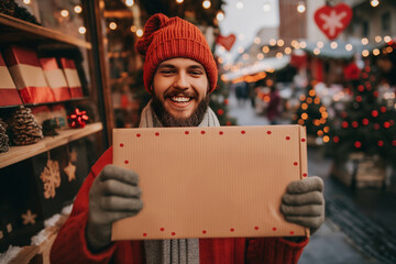 Man holding card board with copy space. Christmas  template perfect for greeting card, winter banner, gift card, voucher and shopping sale promotion. Xmas design with beautiful festive decorations.