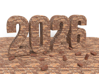 Brick New year inscription 2026 on stone floor. Christmas post idea for building company. 3d rendering