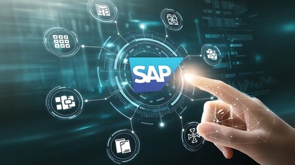 Naklejka premium businessman pressing virtual button SAP. cloud computing concept, cloud technology, Saas, Paas, Iaas. AWS Services 
