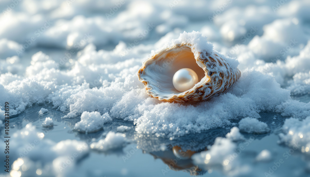 Poster a shell with a pearl inside of it. the shell is orange and white