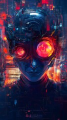 Cyberpunk Humanoid with Glowing Eyes in Digital World