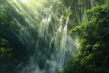 Sunbeams Illuminating a Lush Waterfall in a Tropical Rainforest