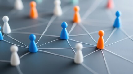 Various colored game pieces are interconnected by lines on a dark surface, symbolizing networking and teamwork, possibly during a strategic board game session