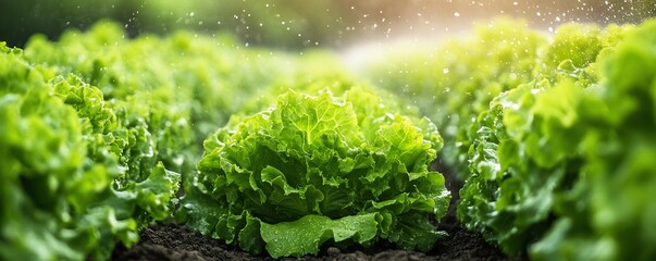 Rows of lettuce crops being watered by an advanced field irrigation system