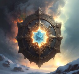 Fototapeta premium Illustratin of glowing shield in dark background.