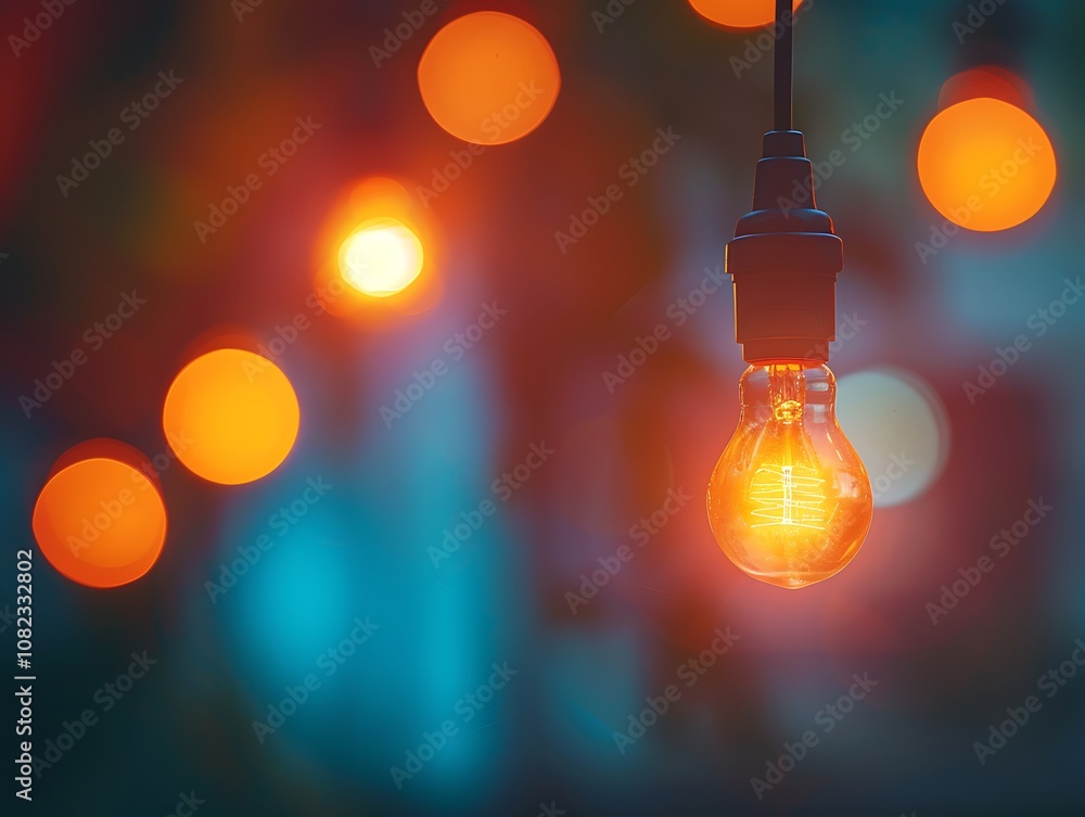 Poster a glowing light bulb hangs against a backdrop of blurred orange bokeh lights, creating a warm and in