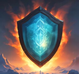 Fototapeta premium Illustratin of glowing shield in dark background.