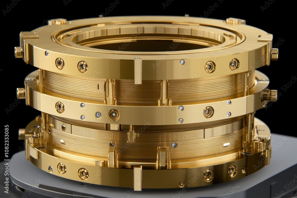 Poster close up of a gold-plated mechanical device with multiple stacked rings.