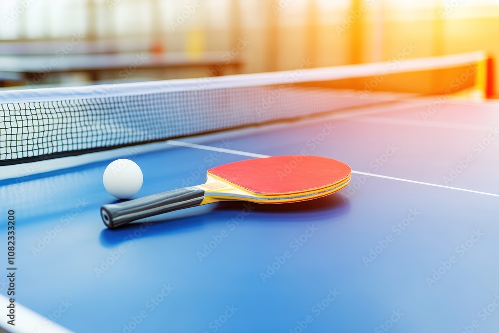 Poster a ping pong paddle and ball lie on a blue table with a net in the background.