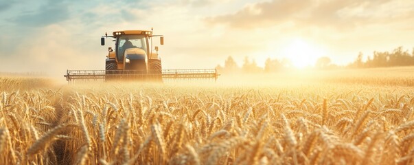 Modern combine harvester working in golden wheat field at sunset. Agricultural machinery silhouetted against dramatic orange sky, harvesting ripe grain crops in summer. 8k banner background