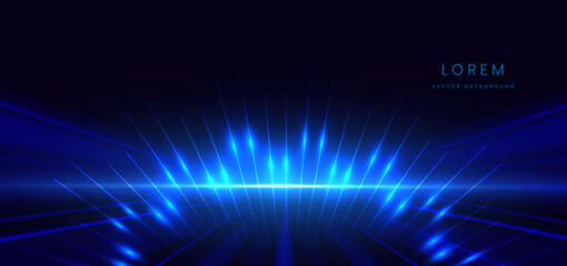 Scence futuristic glowing blue neon light ray with speed motion moving on dark blue background.
