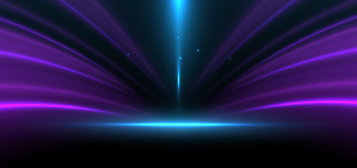 Abstract blue background with curve glowing purple ray.