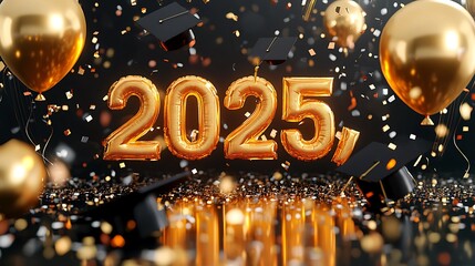 With gold balloons, graduation caps, and glittering confetti circling a glowing "2025," the joyous ambiance of a graduation ceremony is captured in vivid, upbeat tones.