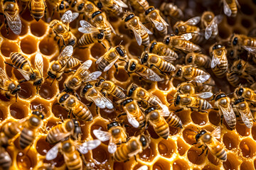 Swarm of bee working on golden yellow honeycombs or hive hexagonal cells shape pattern top view scene