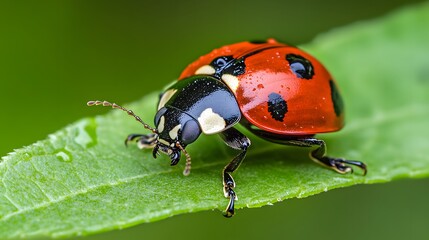 Fototapeta premium Extreme close-up of&nbsp;seven-spotted ladybug on textured green leaf, showcasing vibrant red and black colors with natural sunlight and dewdrops in garden&nbsp;setting.