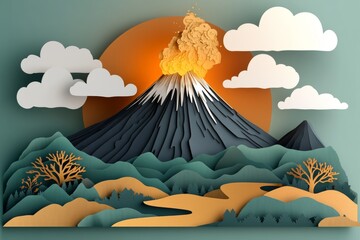 Paper-Cut Kintsugi Origami Japandi Volcano Mountain Eruption with Smoke and Clouds Silhouette