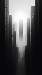 Foggy City Skyscrapers, Urban Monochrome Scene