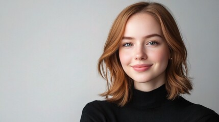 Fototapeta premium Close-Up Portrait of a Young Woman Showcasing Natural Makeup and Radiant Smile Against a Soft Neutral Background