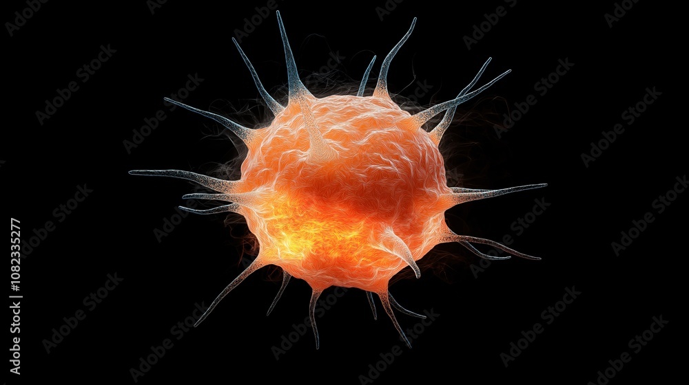 Poster detailed representation of a vibrant cancer cell in 3d with intricate surface features displaying un