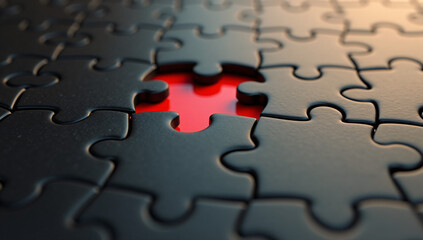A nearly completed black puzzle with one strikingly red piece missing, leaving a conspicuous gap. The image evokes themes of incompleteness, searching, and problem-solving.