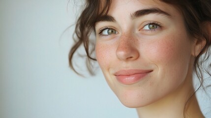 Close-up Portrait of a Young Woman with Natural Makeup, Radiating Confidence and Serenity Against a Soft Neutral Background