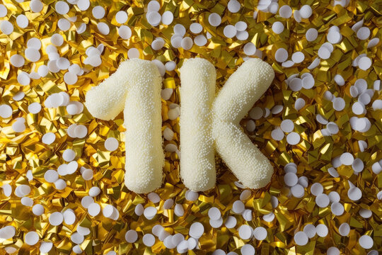 1k followers celebration. Social media achievement poster. 1k followers thank you lettering. Golden and white confetti. Gratitude text on grey background. AI generated