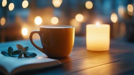 A warm drink and a lit candle accompany an open book, creating a cozy atmosphere during the evening