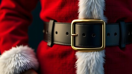 realistic Santa Claus's belt buckle, iconic golden buckle against a red velvet belt and white fur trim. Perfect for Christmas or festive background