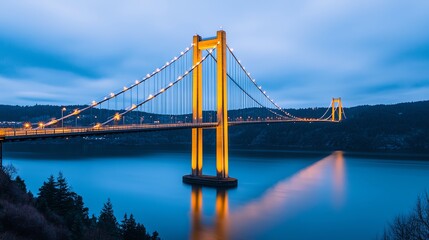 Large suspension bridge at dusk, cables illuminated by soft lights, long exposure effect, wide shot from river level