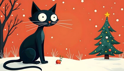 Black Cat Christmas Illustration Winter Holiday Scene
