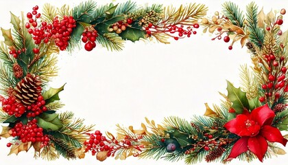 Border of green spruce branches, pine cones, holly twigs, red berries and Christmas decorations. Christmas background, illustration.