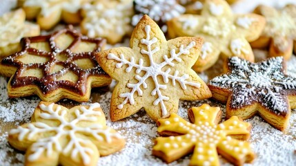Festive Holiday Sugar Cookies Displayed on a Rustic Wooden Surface with Decorative Icing Designs in Various Shapes and Patterns for Winter Celebrations
