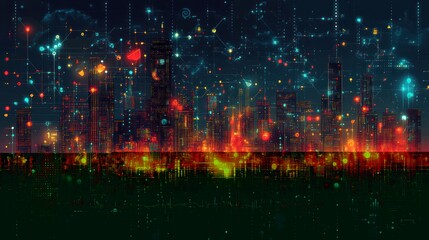 Obraz premium A futuristic city skyline with glowing lights and a digital network of lines connecting the buildings. The city is illuminated with a red and orange glow, . 
