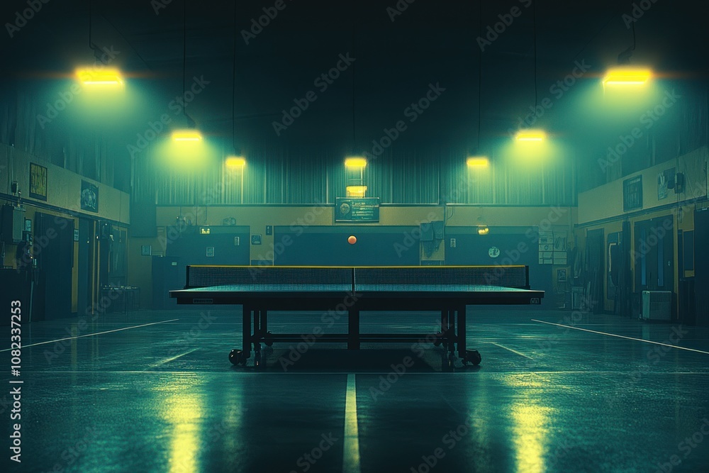 Poster empty ping pong table in a dark room illuminated by spotlights.