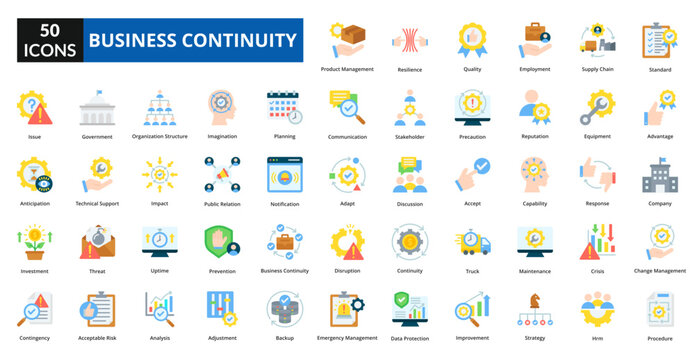 Business continuity flat icon collection set