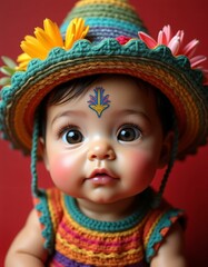 Fototapeta premium mexican baby girl with smooth facial features and beautiful baby hat on her head,red,yellow,green,blue,purple,realistic,detailed,detailed