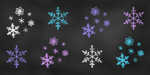 Vintage Chalk Drawn Sketch. Set of Design Elements Compositions from Snowflakes Isolated on Chalkboard Backdrop.