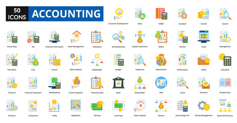 accounting flat icon collection set. Includes forecast, report, audit, analysis, occupation, job, account, statement, transaction, return, bookkeeping