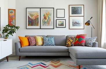 A gray sofa with colorful chevron pillows against white walls, creating an elegant and contemporary living room decor.