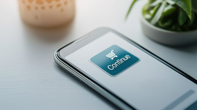 Close up of smartphone displaying shopping app with Continue button, surrounded by plant and candle, creating cozy shopping atmosphere